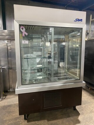 AMAZING! Sava Commercial Refrigerated Pastry/ Bakery Display Case Merchandiser! With Metal Racks! With 5 Tier Display Stand! Glass All Around Showcase Style! With Rear Access Doors! On Legs!
