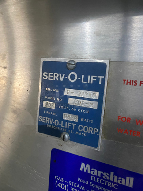 Serv-O-Lift Commercial Electric Powered 3 Bay Steam Table! With Sneeze Guard and Tray Slide! All Stainless Steel! On Casters! Model: 501-3 SN: 927280 208V 60HZ 1 Phase - Image 8 of 9