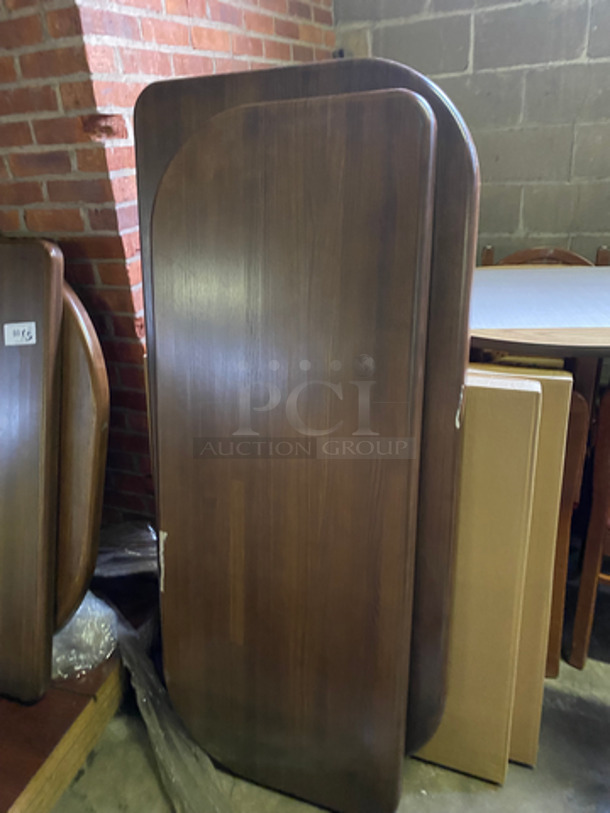 NEW! Assorted Size Wooden Pattern Curved Tables! With Black Metal Table Bracket! 5x Your Bid! - Image 5 of 10