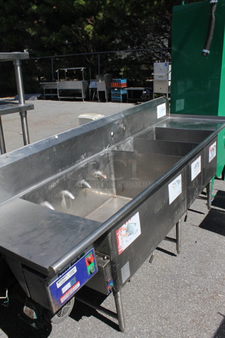 Stainless Steel Commercial 3 Bay Power Soak Sink. Bays 40x28, 15x28, 18.5x28