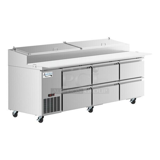 BRAND NEW SCRATCH AND DENT! Avantco 178SSPPT3 Stainless Steel Commercial 6 Drawer Refrigerated Pizza Prep Table on Commercial Casters. 115 Volts, 1 Phase. Tested and Working!