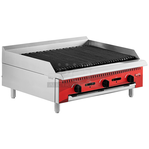 BRAND NEW SCRATCH AND DENT! 2023 Avantco 177CAG36RC Stainless Steel Commercial Countertop Natural Gas Powered Charbroiler Grill. Tested and Working!