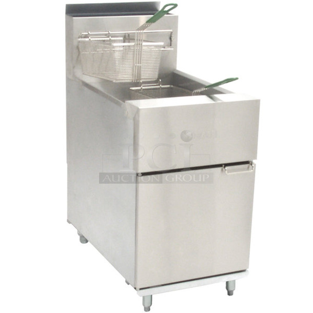 BRAND NEW SCRATCH AND DENT! 2023 Frymaster SR162GN Stainless Steel Commercial Floor Style Natural Gas Powered Deep Fat Fryer w/ 2 Metal Fry Baskets. 150,000.