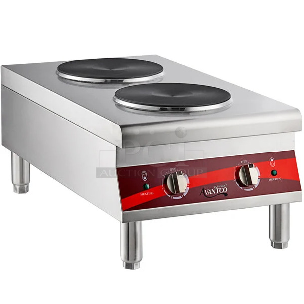 BRAND NEW SCRATCH AND DENT! Avantco 177CER200 Stainless Steel Commercial Dual Solid French-Style Burner Countertop Electric Rang. 208/240 Volts, 1 Phase. - Image 1 of 7