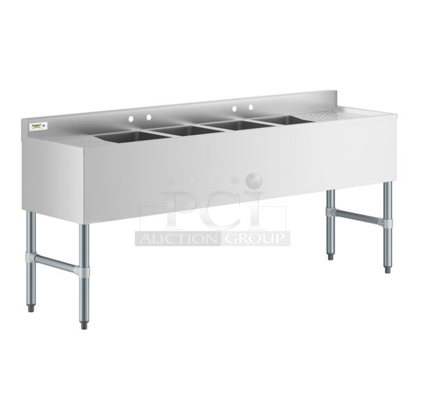 BRAND NEW SCRATCH AND DENT! Regency 600B41014213 Stainless Steel 4 Bowl Underbar Sink with Two Drainboards. Bays 10x14. Drain Boards 11x15