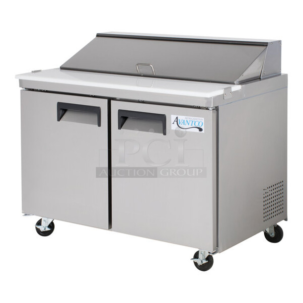 BRAND NEW SCRATCH AND DENT! 2023 Avantco 178APT48HC Stainless Steel Commercial Sandwich Salad Prep Table Bain Marie Mega Top on Commercial Casters. 115 Volts, 1 Phase. Tested and Working!