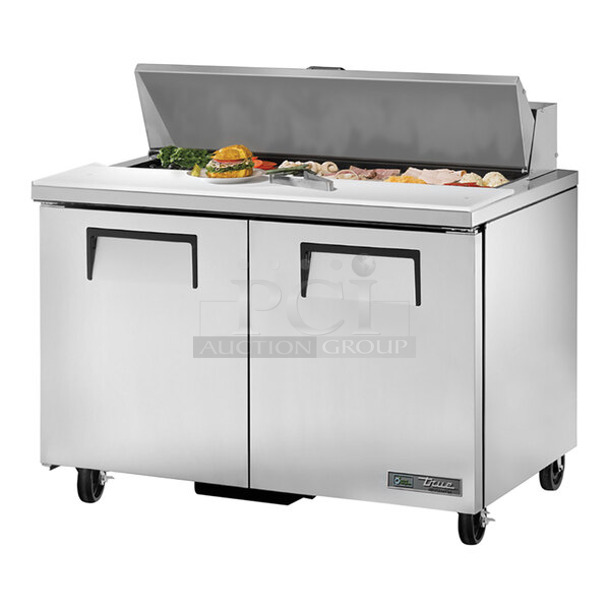 BRAND NEW SCRATCH AND DENT! 2024 True TSSU-48-12-HC Stainless Steel Commercial Sandwich Salad Prep Table Bain Marie Mega Top w/ Commercial Casters. 115 Volts, 1 Phase. Tested and Working! - Image 1 of 10