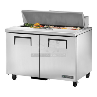 BRAND NEW SCRATCH AND DENT! 2024 True TSSU-48-12-HC Stainless Steel Commercial Sandwich Salad Prep Table Bain Marie Mega Top w/ Commercial Casters. 115 Volts, 1 Phase. Tested and Working!