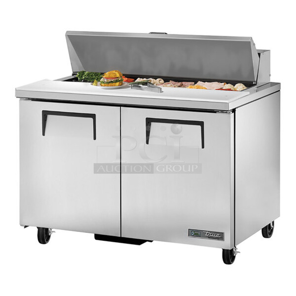 BRAND NEW SCRATCH AND DENT! 2024 True TSSU-48-12-HC Stainless Steel Commercial Sandwich Salad Prep Table Bain Marie Mega Top w/ Commercial Casters. 115 Volts, 1 Phase. Tested and Working! - Item #1113083