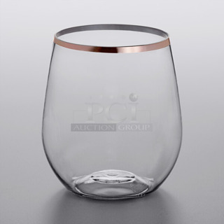 2 BRAND NEW SCRATCH AND DENT! Visions 347SLWG12RG 12 oz. Heavy Weight Clear Plastic Stemless Wine Glass with Rose Gold / Copper Rim - 64/Case. 2 Times Your Bid!