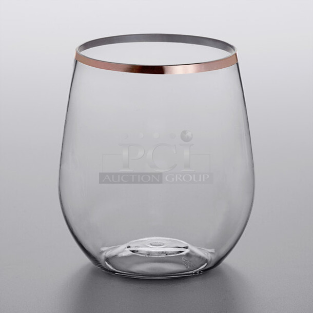2 BRAND NEW SCRATCH AND DENT! Visions 347SLWG12RG 12 oz. Heavy Weight Clear Plastic Stemless Wine Glass with Rose Gold / Copper Rim - 64/Case. 2 Times Your Bid! - Item #1113100