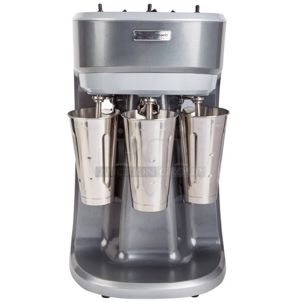 BRAND NEW SCRATCH AND DENT! Hamilton Beach HMD400R Metal Commercial Countertop 3 Head Drink Mixer w/ 3 Metal Mixing Cups. 120 Volts, 1 Phase. Tested and Working! - Image 1 of 6