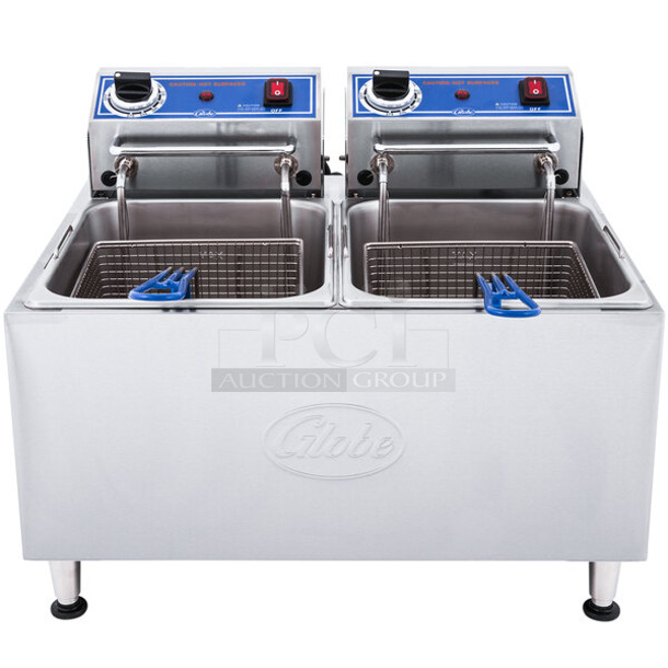 BRAND NEW SCRATCH AND DENT! 2023 Globe PF32E Stainless Steel 32 lb. Dual Tank Electric Countertop Fryer w/ 2 Metal Fry Baskets. 208/240 Volts, 1 Phase.  - Image 1 of 6