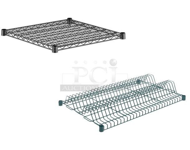 2 BRAND NEW SCRATCH AND DENT! Items; Box of 4 Regency 460EB2424 24" x 24" NSF Black Epoxy Wire Shelf and Box of 2 Regency 460EG2436DR1  24" x 36" Green Epoxy Wire Drying Rack Shelf - 1 1/4" Slots. 2 Times Your Bid! - Image 1 of 6