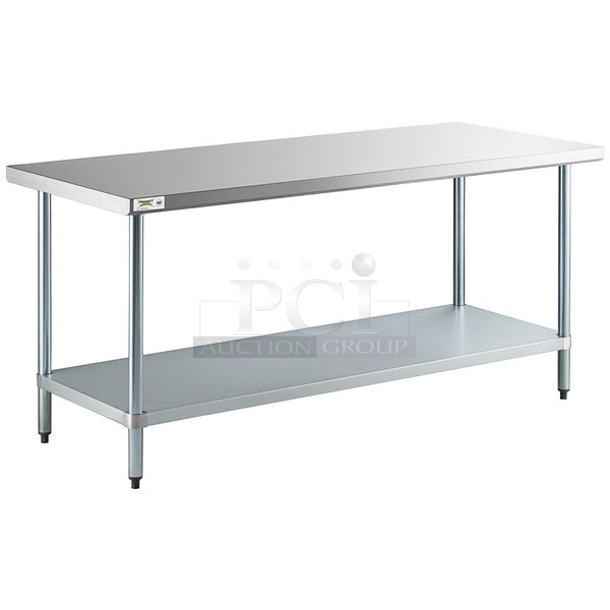 BRAND NEW SCRATCH AND DENT! Regency 600T3072G 30" x 72" 18-Gauge 304 Stainless Steel Commercial Work Table with Galvanized Legs and Undershelf.  - Image 1 of 4