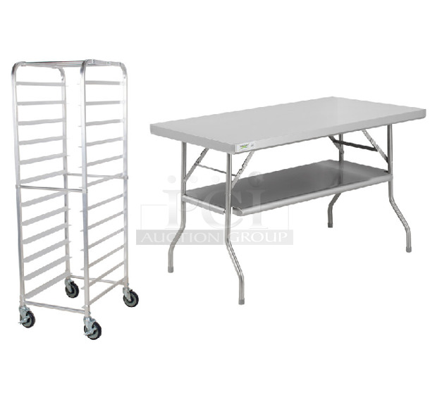 2 BRAND NEW SCRATCH AND DENT! Items; Regency 600PR125K 12 Pan End Load Bun / Sheet Pan Rack - Unassembled and Regency 600FWT3048US 30" x 48" 18-Gauge Stainless Steel Folding Work Table with Removable Undershelf. 2 Times Your Bid! May Be Missing Pieces.  - Image 1 of 4