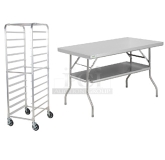 2 BRAND NEW SCRATCH AND DENT! Items; Regency 600PR125K 12 Pan End Load Bun / Sheet Pan Rack - Unassembled and Regency 600FWT3048US 30" x 48" 18-Gauge Stainless Steel Folding Work Table with Removable Undershelf. 2 Times Your Bid! May Be Missing Pieces. 