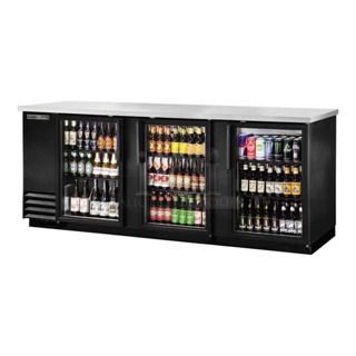 BRAND NEW SCRATCH AND DENT! 2024 True TBB-4G-HC-LD Stainless Steel Commercial 90 3/8" Black Glass Door Back Bar Refrigerator with LED Lighting. 115 Volts, 1 Phase. Tested and Working! 