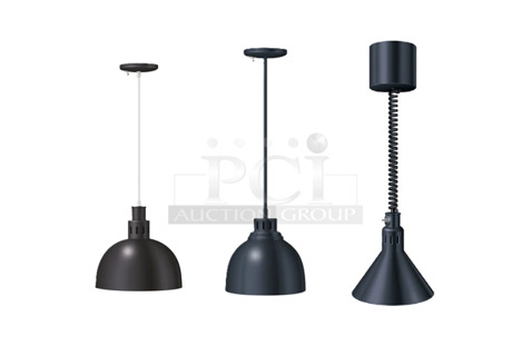 3 BRAND NEW IN BOX! Items; Hatco DL-775-CL Heat Lamp, Cord Mount to Canopy, Hatco DL-725-RTN 69 1/2" Ceiling Mount Heat Lamp w/ Retractable Cord, Hatco DLH-750-RR Warmer Lamp - Retractable Mount, Shade F Style, 11"Diam.x8-1/2"H, Antique Copper. 120 Volts, 1 Phase. 3 Times Your Bid! 