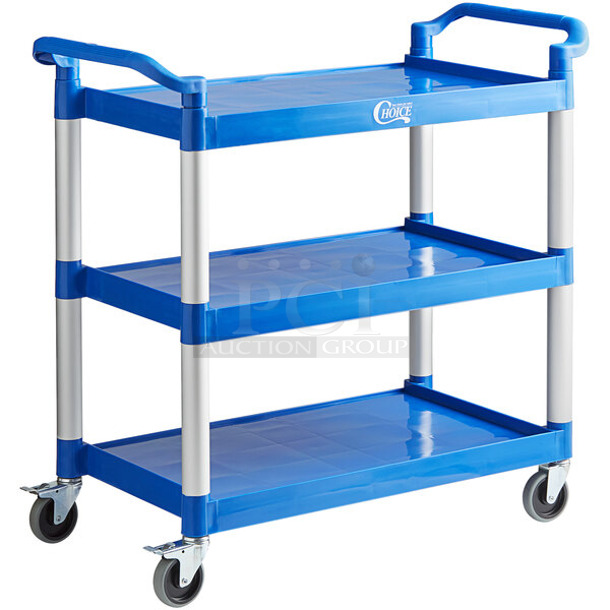 2 BRAND NEW SCRATCH AND DENT! Choice 109CARTBLGBL Blue Utility / Bussing Cart with Three Shelves - 42" x 20". May Be Missing Pieces. 2 Times Your Bid!  - Image 1 of 4