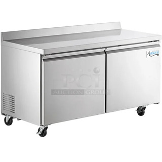 BRAND NEW SCRATCH AND DENT! 2024 Avantco 178SSWT60RHC Stainless Steel Commercial 2 Door Work Top Cooler on Commercial Casters. 115 Volts, 1 Phase. Tested and Powers On But Does Not Get Cold