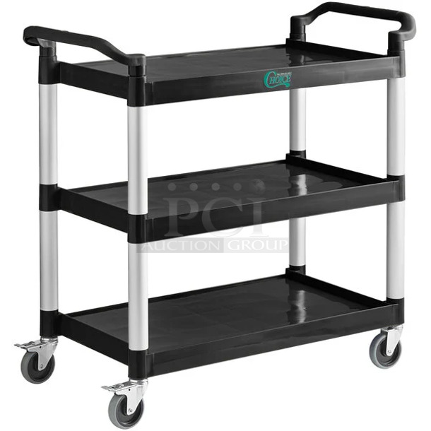 2 BRAND NEW SCRATCH AND DENT! Choice 109CARTBLGBK Black Utility / Bussing Cart with Three Shelves - 42" x 20". 2 Times Your Bid!  - Image 1 of 4