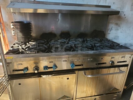 Castle 60" Gas Range Stove w/ 10-Burners &  2 Standard Ovens | 198,000 BTU (Broken door/missing some knobs) Unknown condition.. 