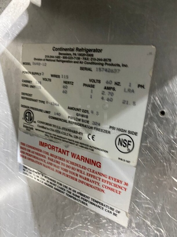 Continental Commercial Refrigerated Sandwich Prep Table! With 2 Door Underneath Storage Space! All Stainless Steel! Model: SW4812 SN: 15742637 115V 60HZ 1 Phase - Image 8 of 10