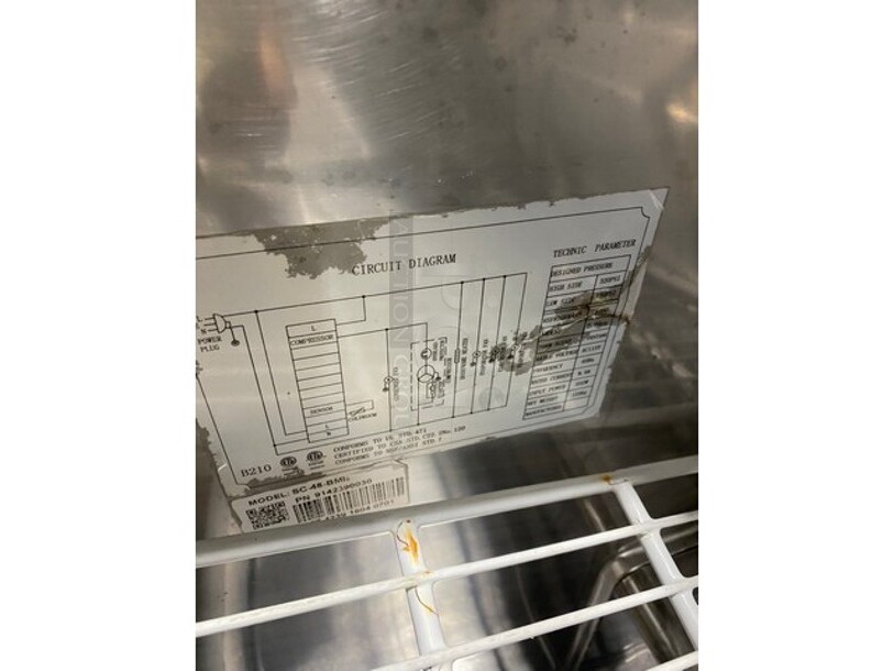 Universal Coolers Commercial Refrigerated Sandwich Prep Table! With 2 Door Underneath Refridgerated Storage Space! All Stainless Steel! On Casters! MODEL:SC-48-BMI 115V!
 - Image 7 of 8