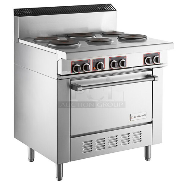 BRAND NEW SCRATCH AND DENT! 2023 Garland SS686 Stainless Steel Commercial Electric Powered 6 Burner Hot Plate Range w/ Oven. 240 Volts, 1/3 Phase. 