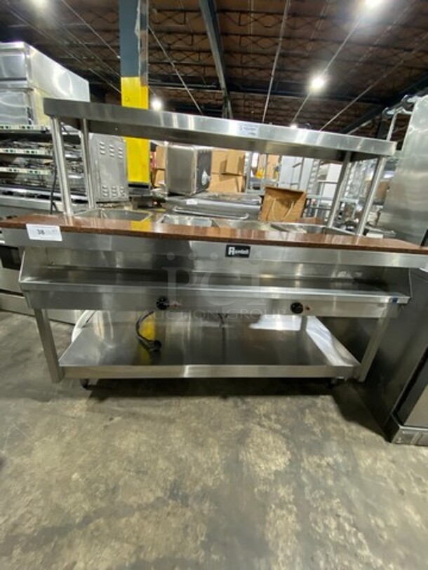 NICE! Randell Commercial Electric Powered 4 Well Steam Table! With Overhead Shelf! With Storage Space Underneath! All Stainless Steel! On Legs! Model: 3314 SN: N32611123092 208V 60HZ 1 Phase