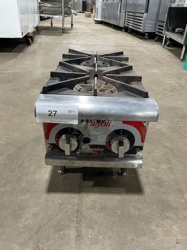 Wow! APW Wyott Commercial Natural Gas Powered Countertop 2 Burner Hot Plate Range! Stainless Steel! On Legs! - Image 1 of 10