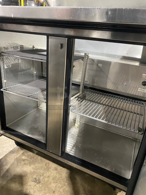 True Commercial Refrigerated Mega Top Sandwich Prep Table! With 2 Door Refrigerated Storage Underneath! All Stainless Steel! With Poly Coated Racks! On Casters! 115V 1 Phase! Model: TSSU-36-08 SN: 8815688! - Image 5 of 8