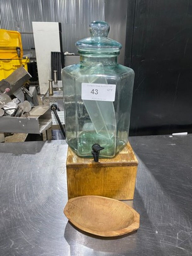 CUTE! Beverage Dispenser Set! Clear Blue Glass Jar! With Lid! With Wooden Stand And Drip Tray! - Image 1 of 5