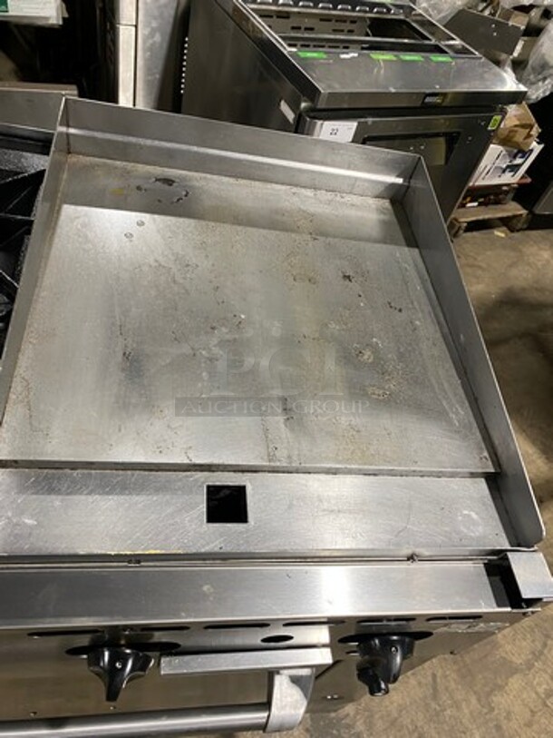 WOW! Vulcan Commercial Natural Gas Powered 2 Burner Stove With Flat Griddle! Flat Griddle Has Back And Side Splashes! With Oven Underneath! All Stainless Steel! On Casters! Model: 36S2B24GN SN: 481883161 - Image 6 of 9