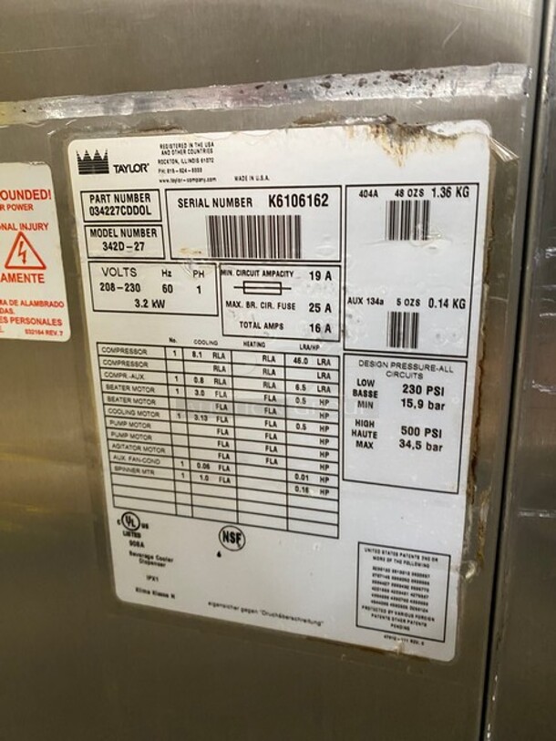 NICE! Taylor Commercial Floor Style 2 Flavor Frosty/Coolatta/Slushy Making Machine! With Milkshake Mixing Attachment! All Stainless Steel! Model 342D27 SN:K6106162 208-230V 1PH - Image 10 of 11