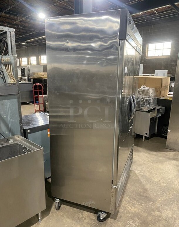 Master Bilt Commercial 2 Door Reach In Refrigerator! With Poly Coated Racks! All Stainless Steel! On Casters! MODEL F49S SN: 15020098 115V 1PH  - Image 3 of 10