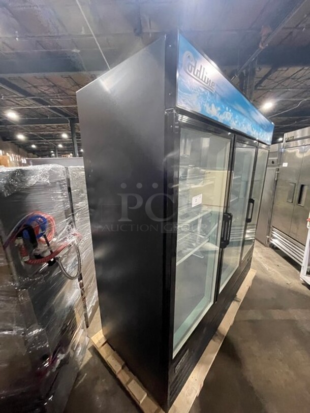2023 Late Model! ColdLine Commercial 79" Triple Glass Swing Door Merchandiser Freezer! With Poly Coated Racks! 115V! Model: D80-B SN: 085888104! - Image 2 of 8