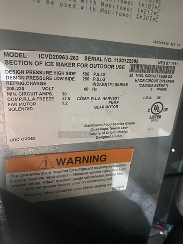 Manitowoc Commercial Ice Machine Head! Stainless Steel Body! Model: ICVD20963263 SN: 1120122902 208/230V 60HZ 3 Phase - Image 6 of 7