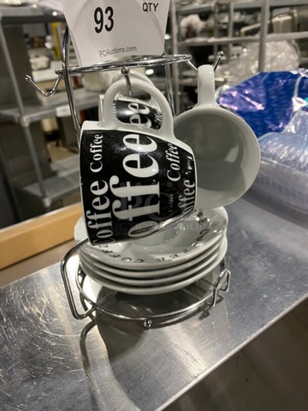 Black And White Coffee Mug Set! Includes Mug And Saucer Holder! MISSING 1 MUG! - Image 2 of 7