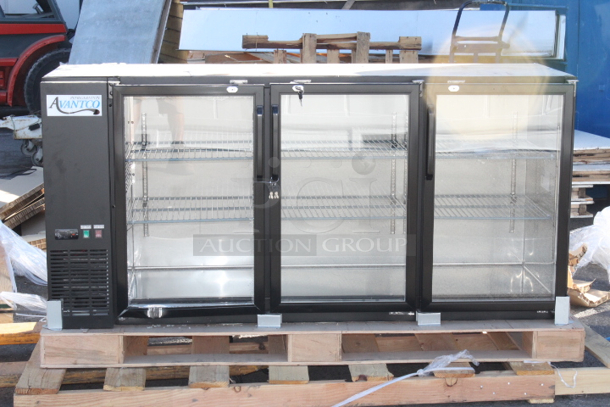 BRND NEW SCRATCH & DENT! Avantco UBB-72-GT-G 73" Black Underbar Height Narrow Glass Door Back Bar Refrigerator with Galvanized Top and LED Lighting 72 3/4 x 24 7/16 x 34 1/4. Outer layer of glass is broken on left door. 115 Volts 3.5 Amps 1 Phase 60 Hertz. S/N: 228797658. WORKING prior to cord being damaged! - Image 2 of 8