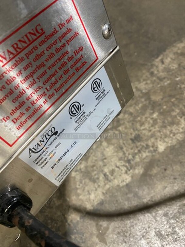 Avantco Commercial Countertop Coffee Maker! All Stainless Steel! Model: C15 SN: 29010318C15 120V! Working! - Image 8 of 9