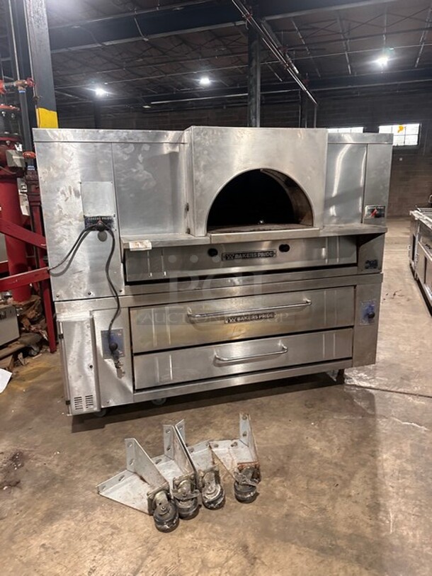 AMAZING! LATE MODEL! Bakers Pride INFERNO Style 6 Pie Natural Gas Powered Double Stacked Pizza Baking Oven! All Stainless Steel!  Model: Y600 SN: 47247! 2X Your Bid Makes One Unit! On Legs With Casters! With Stones! Working When Removed!  - Image 3 of 12