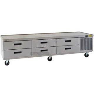 BRAND NEW SCRATCH AND DENT! Delfield F2999CP 99" Six Drawer Refrigerated Chef Base. IN WORKING ORDER! Unit is missing back and front panels, Compressor is still bolted down. Turns on and cools down to temp. S/N: 2210820101870. STILL HAS FACTORY WRAPPING! 99 1/4 31-15/16 x 26 Inches	