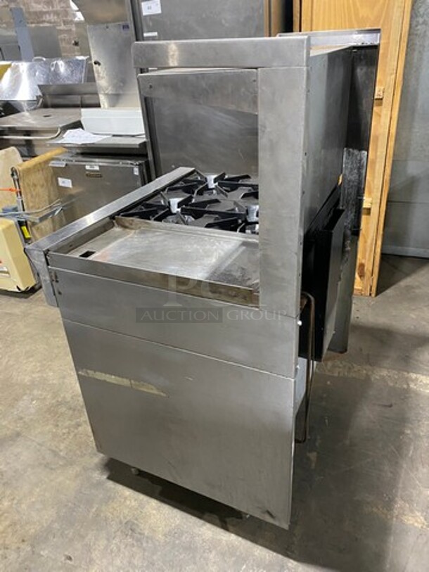 US Range Commercial Natural Gas Powered 4 Burner Stove With Built In Flat Grill! Flat Grill Has Side Splashes! With Raised Back Splash And Salamander Shelf! With Oven Underneath! All Stainless Steel! On Legs! - Image 2 of 10