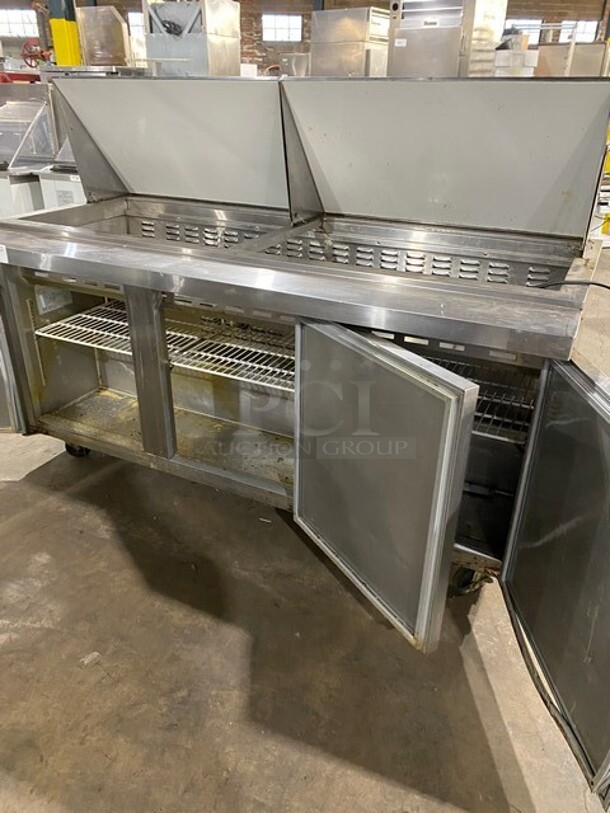 NICE! Kelvinator Stainless Steel Commercial Mega Top Sandwich Prep Table! With 3 Doors Storage Space Underneath! On Casters! MODEL KCMT70.30HC  115V  - Image 5 of 9