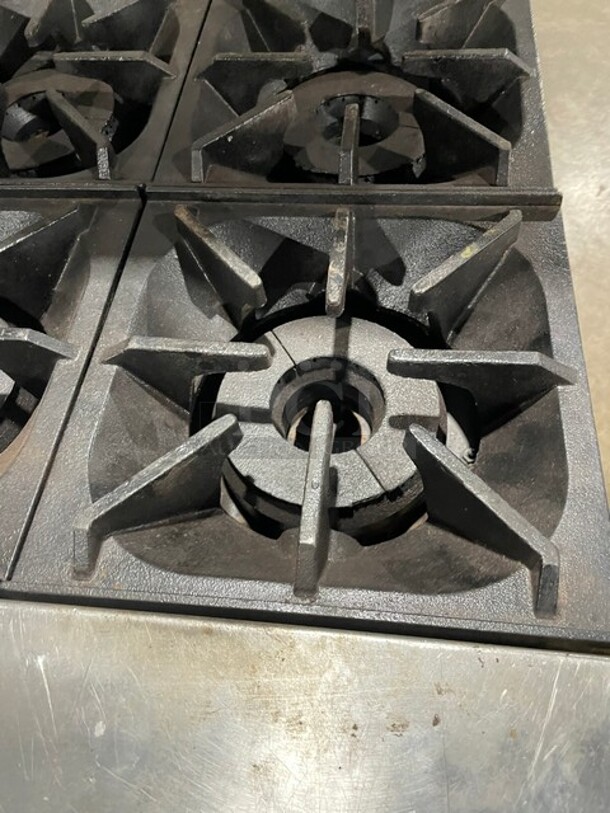 SWEET! Bakers Pride Commercial Natural Gas Powered 6 Burner Stove! With Full Size Oven Underneath! With Backsplash & Overhead Salamander Shelf! All Stainless Steel! On Legs! - Image 6 of 8