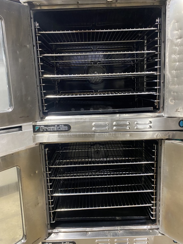 Sweet! Franklin Gas Powered Double Stacked 6/13 Series Convection Oven W/ One View Through &  Solid Doors! With Metal Oven Racks and Thermostatic Controls! On Commercial Casters! Working When Removed! 2 X Your Bid Makes One Unit! - Image 5 of 9