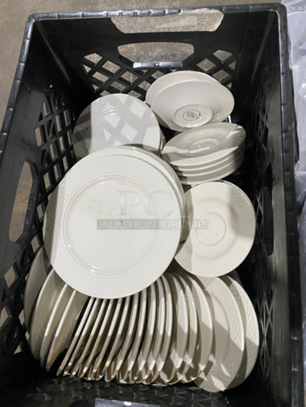 Homer Laughlin White Ceramic Assorted Size Plates! Includes Black Poly Crate! 2x Your Bid! - Image 2 of 8