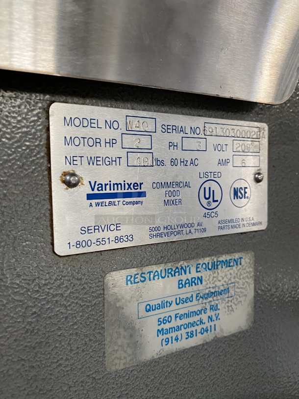 NICE! Welbilt Varimixer Commercial 40 Qt Planetary Mixer! With Mixing Bowl And Hook Attachment! Model: W40 SN: 6913030002EA! 208V 3 Phase! - Image 8 of 10